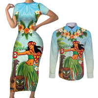 Hawaii Lei Day Couples Matching Short Sleeve Bodycon Dress and Long Sleeve Button Shirt Hula Girl With Tropical Forest DT04 Blue - Polynesian Pride