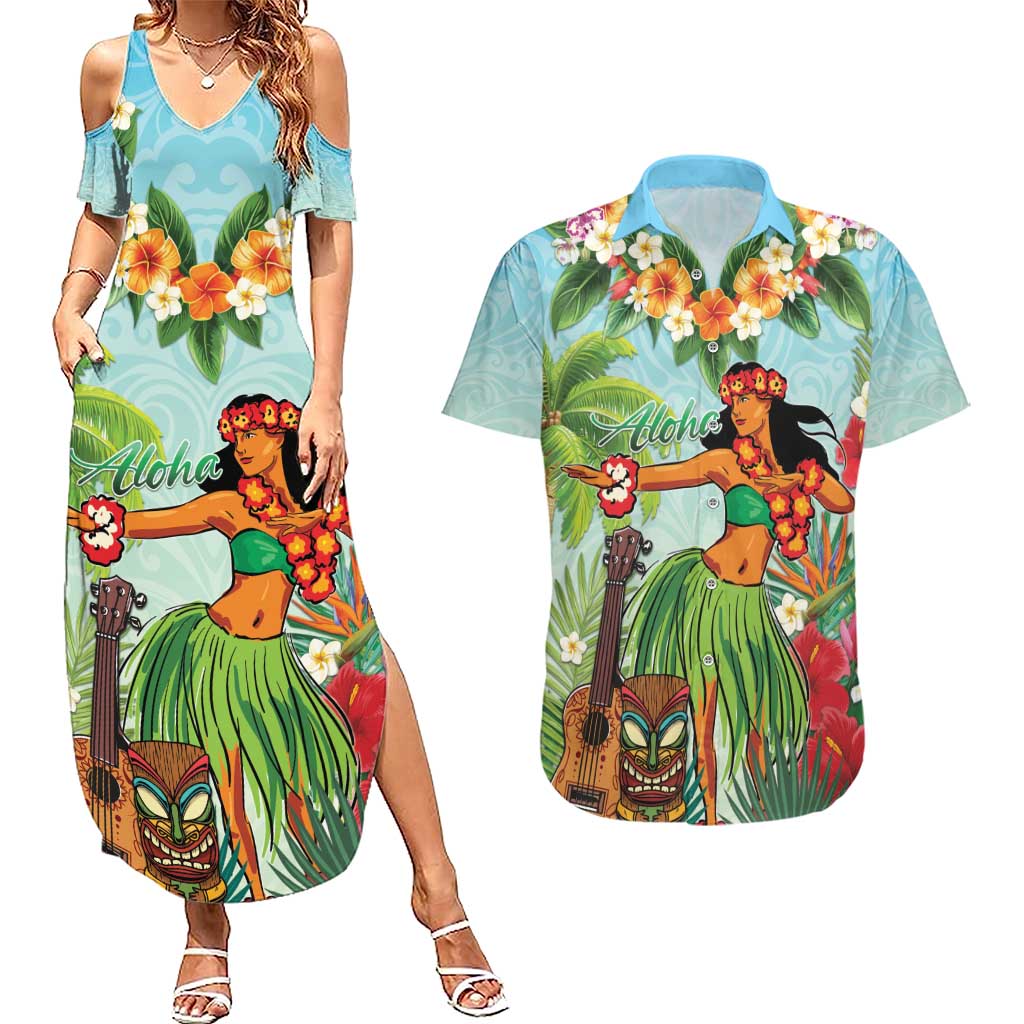 Hawaii Lei Day Couples Matching Summer Maxi Dress and Hawaiian Shirt Hula Girl With Tropical Forest DT04 Blue - Polynesian Pride