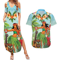 Hawaii Lei Day Couples Matching Summer Maxi Dress and Hawaiian Shirt Hula Girl With Tropical Forest DT04 Blue - Polynesian Pride