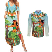 Hawaii Lei Day Couples Matching Summer Maxi Dress and Long Sleeve Button Shirt Hula Girl With Tropical Forest DT04 Blue - Polynesian Pride