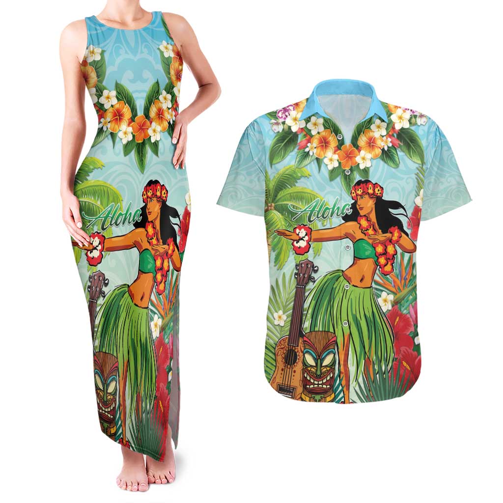 Hawaii Lei Day Couples Matching Tank Maxi Dress and Hawaiian Shirt Hula Girl With Tropical Forest DT04 Blue - Polynesian Pride