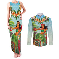 Hawaii Lei Day Couples Matching Tank Maxi Dress and Long Sleeve Button Shirt Hula Girl With Tropical Forest DT04 Blue - Polynesian Pride