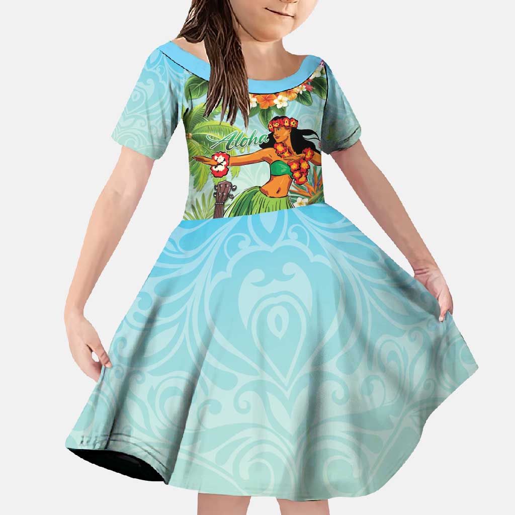 Hawaii Lei Day Family Matching Long Sleeve Bodycon Dress and Hawaiian Shirt Hula Girl With Tropical Forest DT04 Daughter's Dress Blue - Polynesian Pride