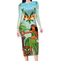 Hawaii Lei Day Family Matching Long Sleeve Bodycon Dress and Hawaiian Shirt Hula Girl With Tropical Forest DT04 Mom's Dress Blue - Polynesian Pride