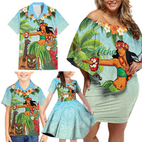 Hawaii Lei Day Family Matching Off Shoulder Short Dress and Hawaiian Shirt Hula Girl With Tropical Forest