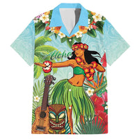 Hawaii Lei Day Family Matching Short Sleeve Bodycon Dress and Hawaiian Shirt Hula Girl With Tropical Forest DT04 Dad's Shirt - Short Sleeve Blue - Polynesian Pride