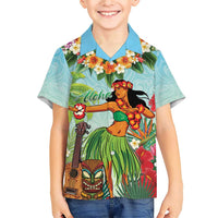 Hawaii Lei Day Family Matching Short Sleeve Bodycon Dress and Hawaiian Shirt Hula Girl With Tropical Forest DT04 Son's Shirt Blue - Polynesian Pride