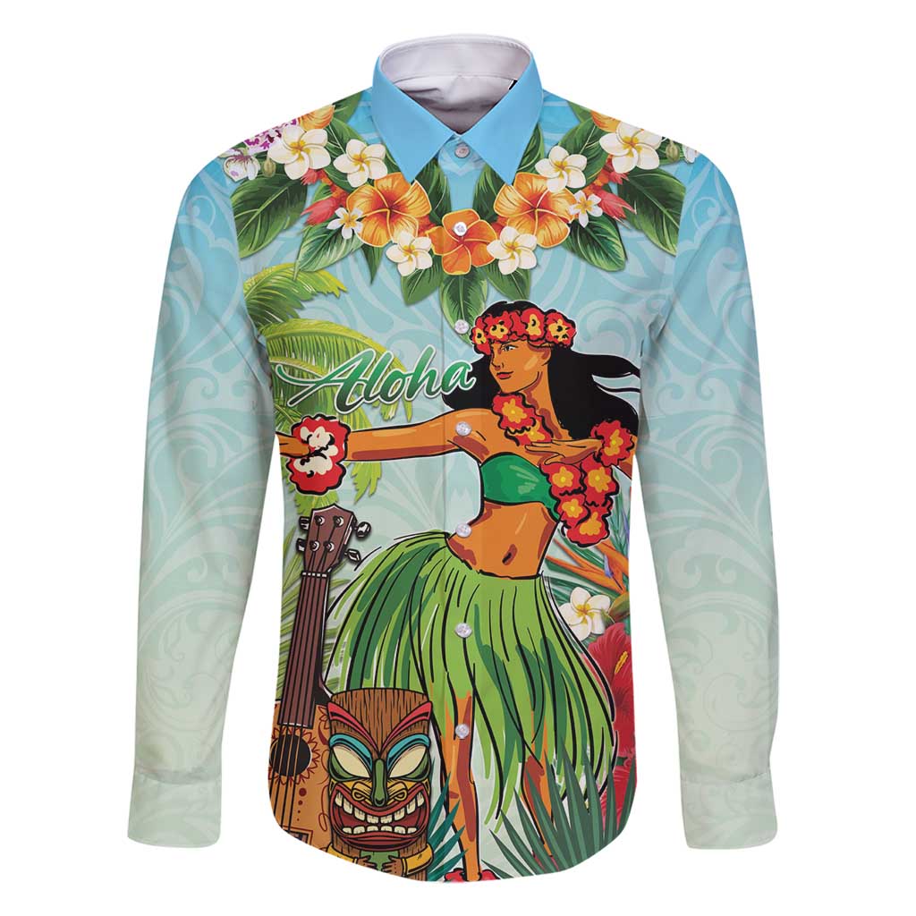 Hawaii Lei Day Family Matching Tank Maxi Dress and Hawaiian Shirt Hula Girl With Tropical Forest DT04 Dad's Shirt - Long Sleeve Blue - Polynesian Pride
