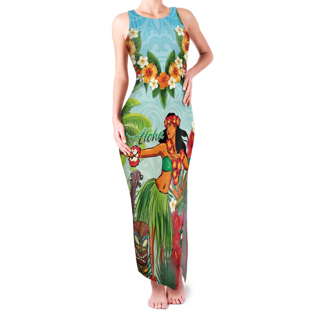 Hawaii Lei Day Family Matching Tank Maxi Dress and Hawaiian Shirt Hula Girl With Tropical Forest DT04 Mom's Dress Blue - Polynesian Pride