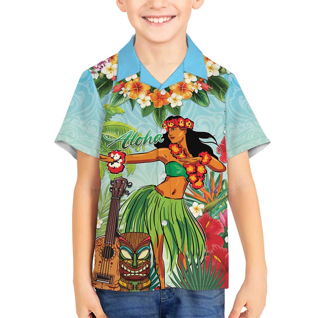 Hawaii Lei Day Family Matching Tank Maxi Dress and Hawaiian Shirt Hula Girl With Tropical Forest DT04 Son's Shirt Blue - Polynesian Pride