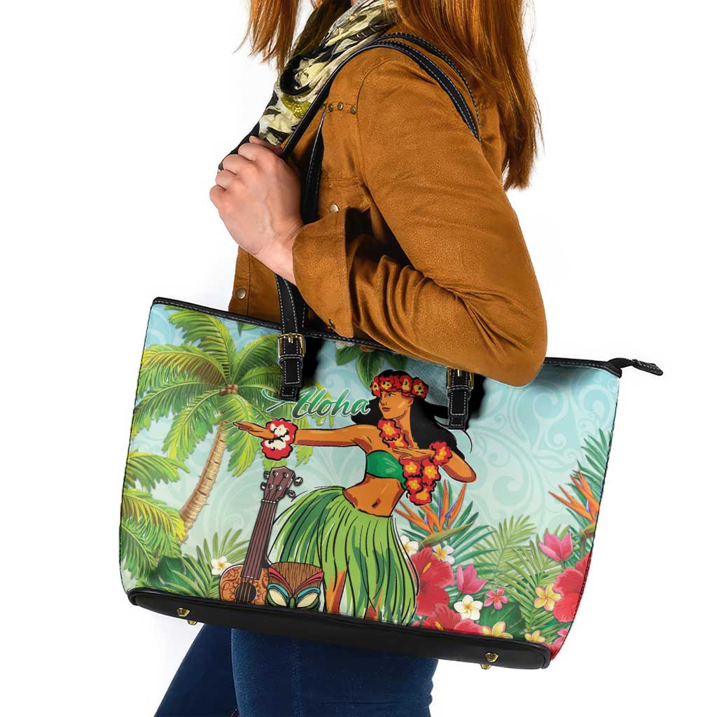 Hawaii Lei Day Leather Tote Bag Hula Girl With Tropical Forest DT04 Blue - Polynesian Pride