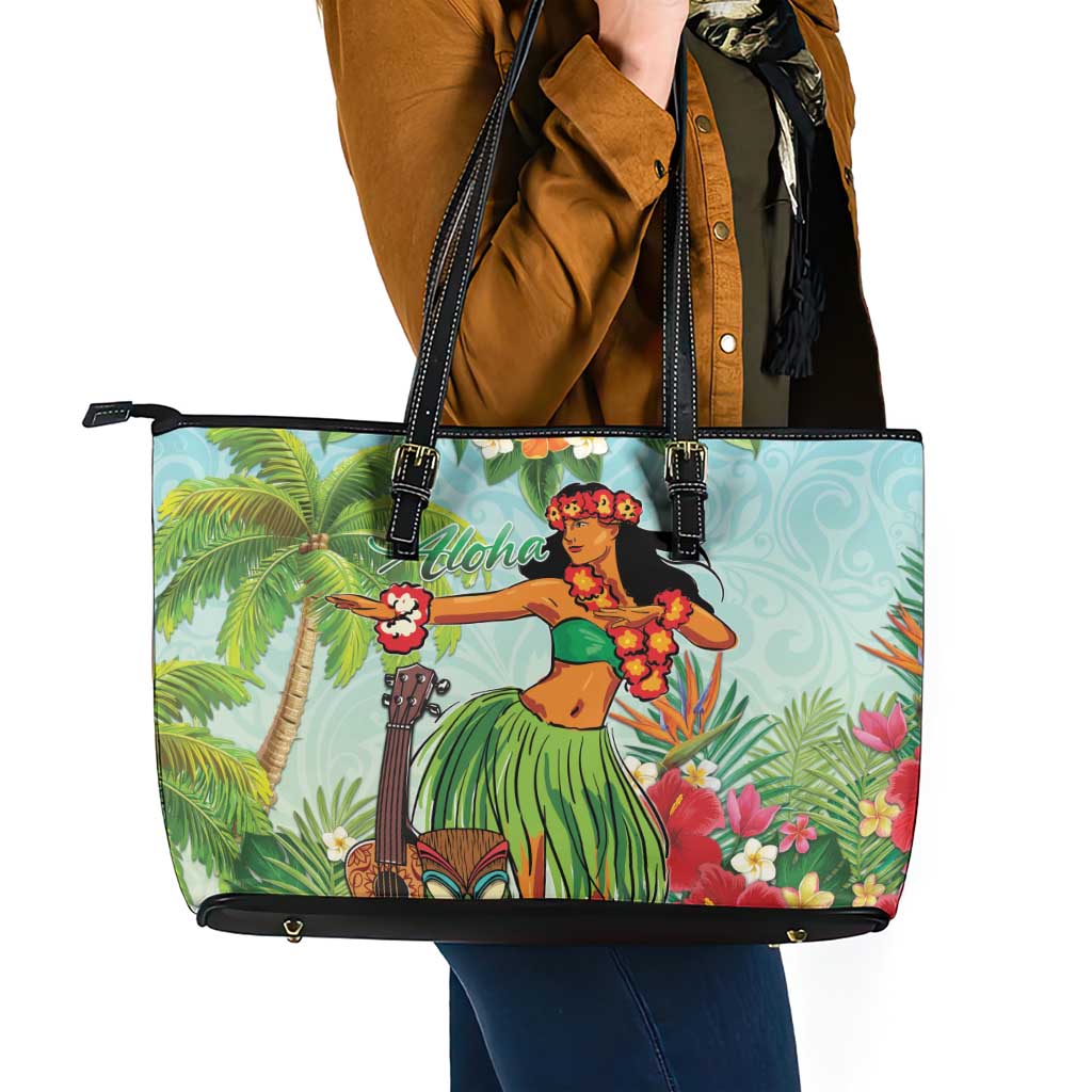 Hawaii Lei Day Leather Tote Bag Hula Girl With Tropical Forest DT04 - Polynesian Pride