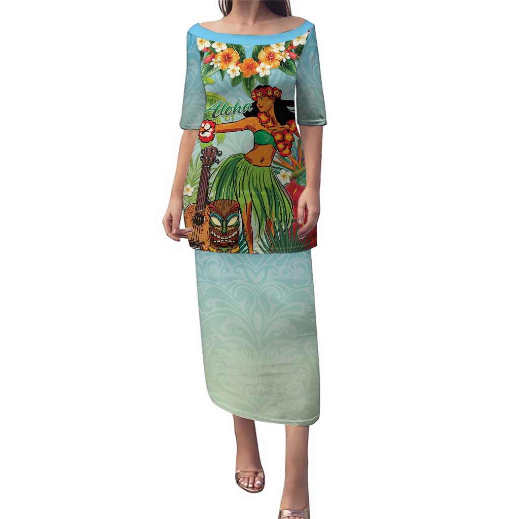 Hawaii Lei Day Puletasi Hula Girl With Tropical Forest DT04 Long Dress Blue - Polynesian Pride
