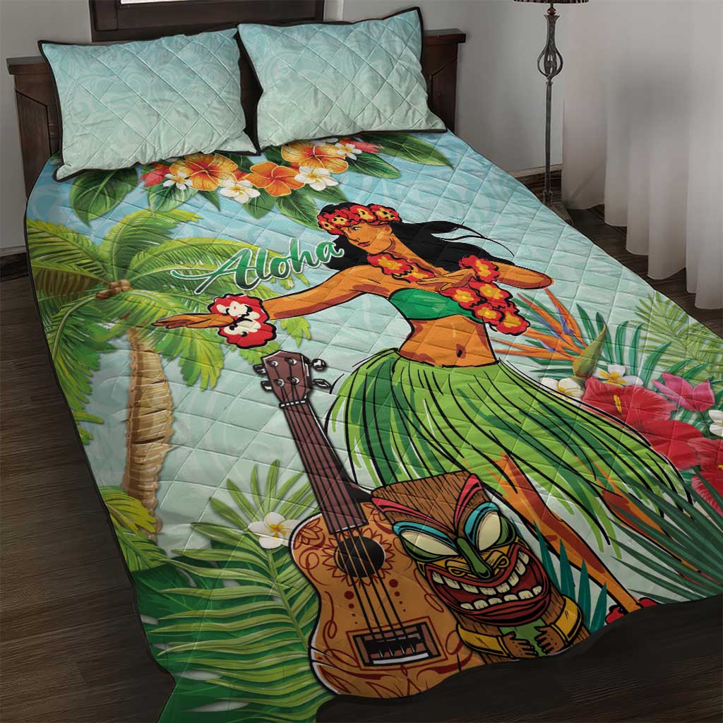 Hawaii Lei Day Quilt Bed Set Hula Girl With Tropical Forest