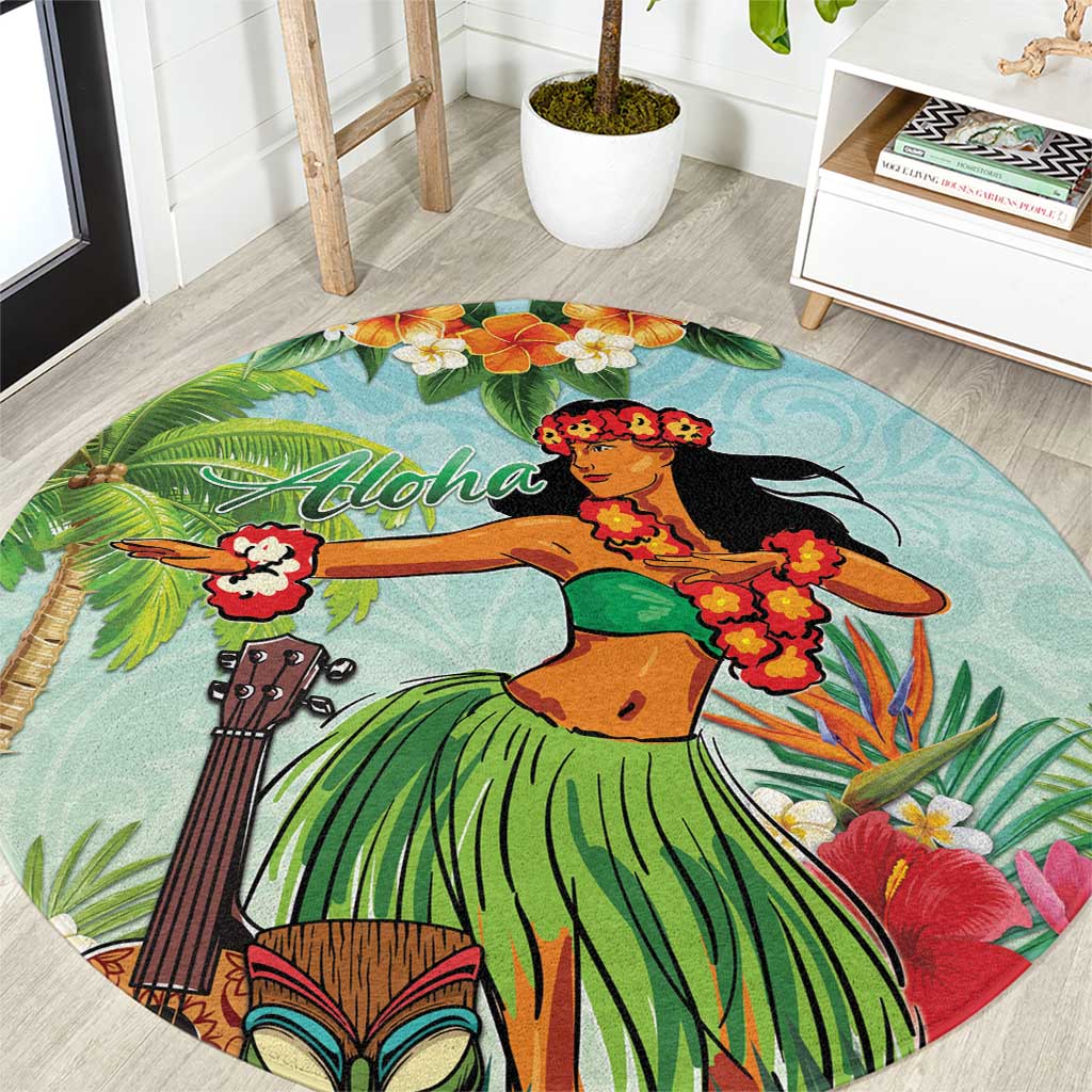 Hawaii Lei Day Round Carpet Hula Girl With Tropical Forest