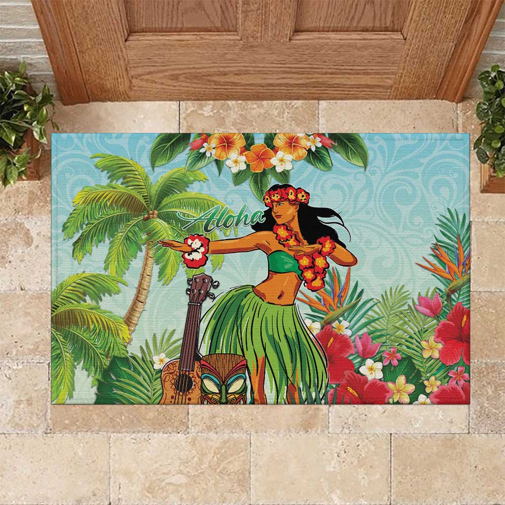 Hawaii Lei Day Rubber Doormat Hula Girl With Tropical Forest DT04 Blue - Polynesian Pride