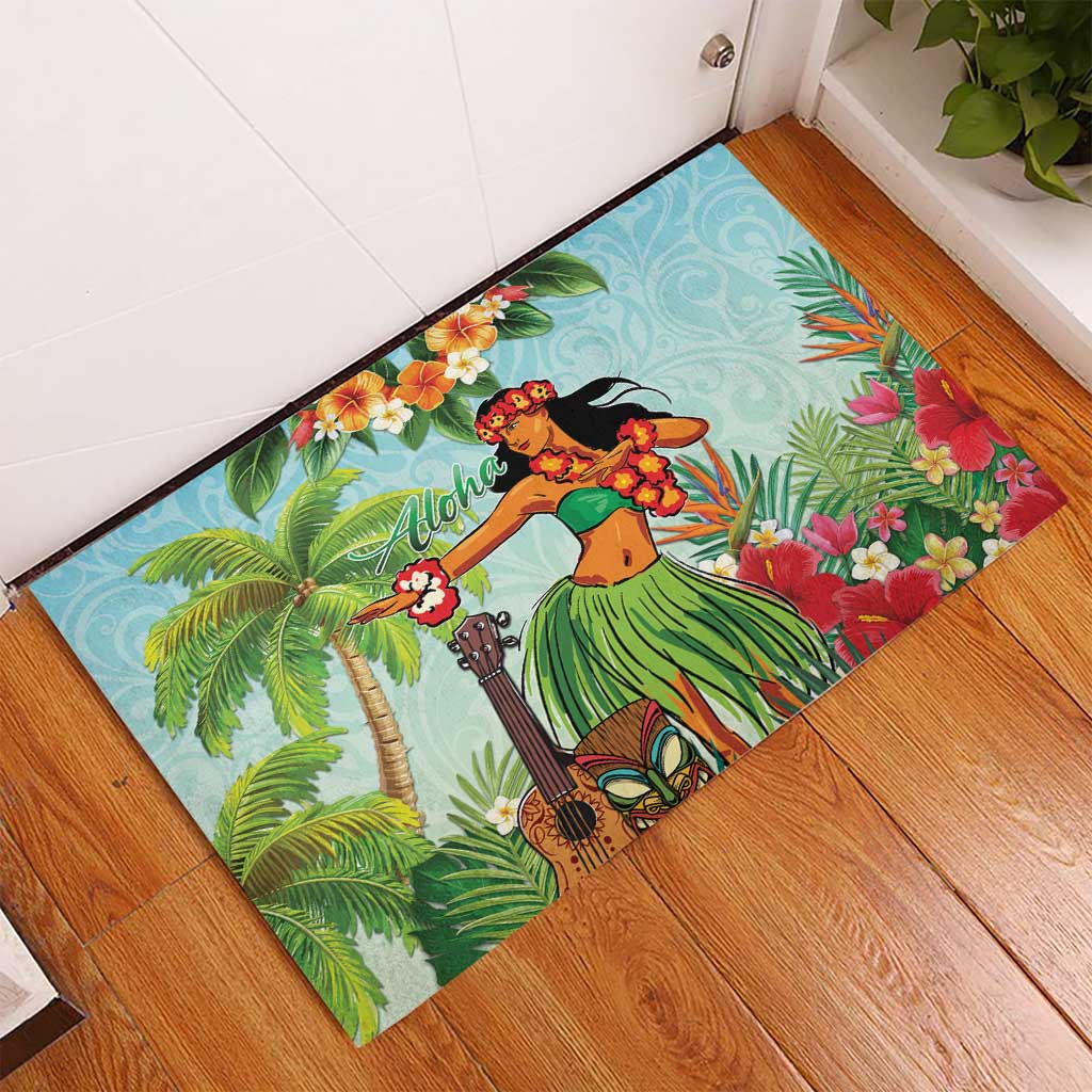 Hawaii Lei Day Rubber Doormat Hula Girl With Tropical Forest DT04 - Polynesian Pride