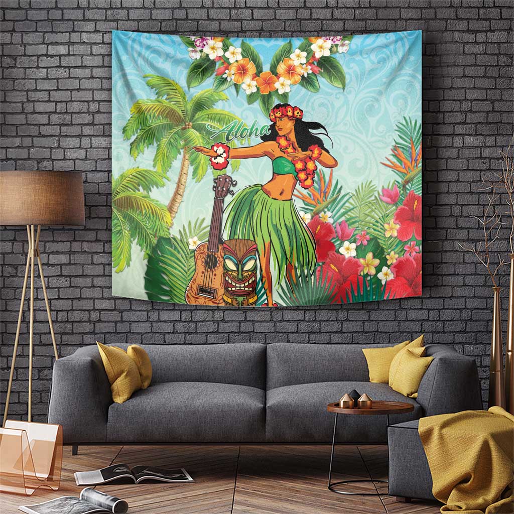 Hawaii Lei Day Tapestry Hula Girl With Tropical Forest