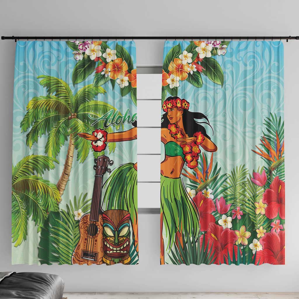 Hawaii Lei Day Window Curtain Hula Girl With Tropical Forest DT04 With Hooks Blue - Polynesian Pride