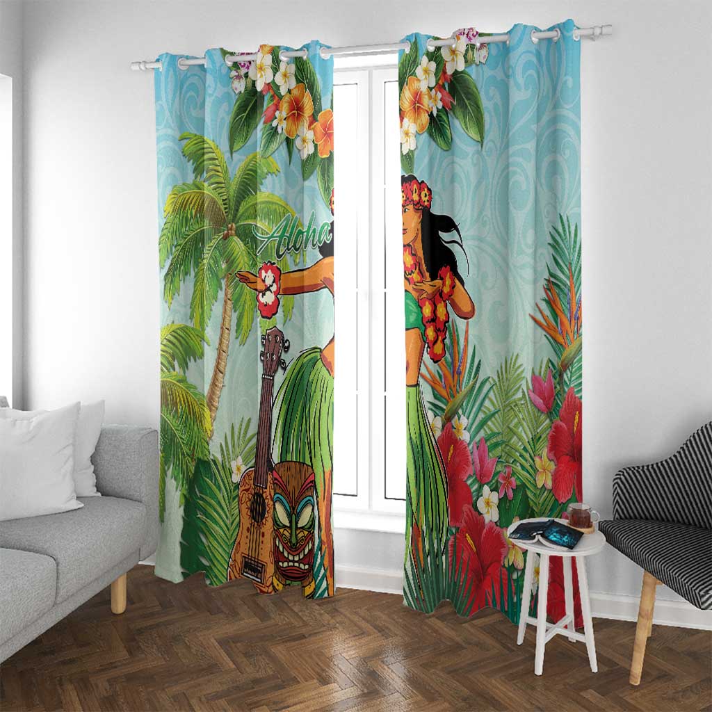 Hawaii Lei Day Window Curtain Hula Girl With Tropical Forest DT04 With Grommets Blue - Polynesian Pride