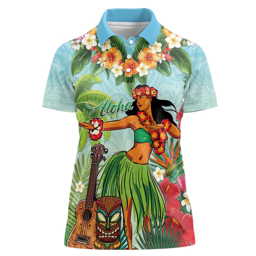 Hawaii Lei Day Women Polo Shirt Hula Girl With Tropical Forest