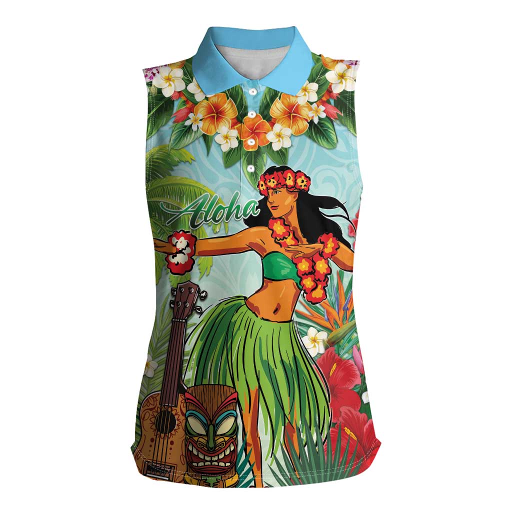 Hawaii Lei Day Women Sleeveless Polo Shirt Hula Girl With Tropical Forest