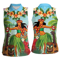 Hawaii Lei Day Women Sleeveless Polo Shirt Hula Girl With Tropical Forest