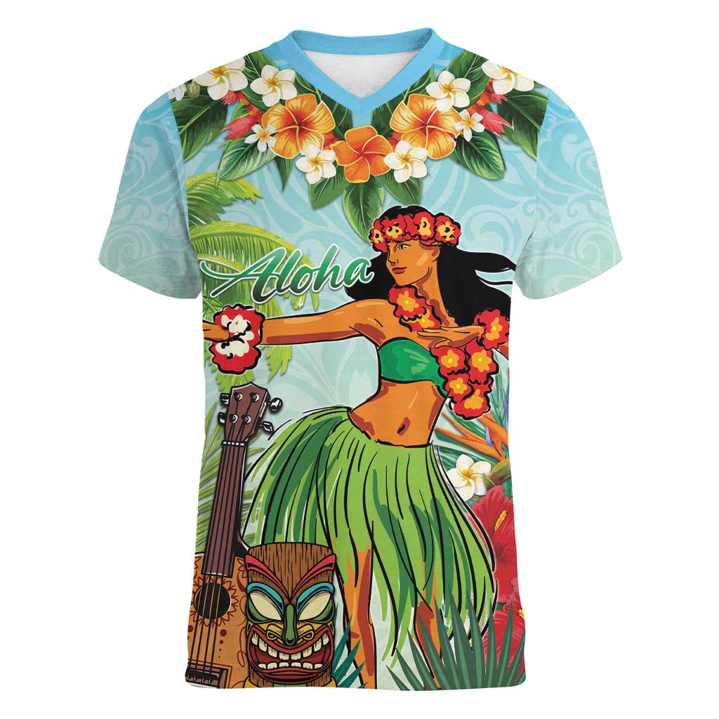 Hawaii Lei Day Women V-Neck T-Shirt Hula Girl With Tropical Forest DT04 Female Blue - Polynesian Pride