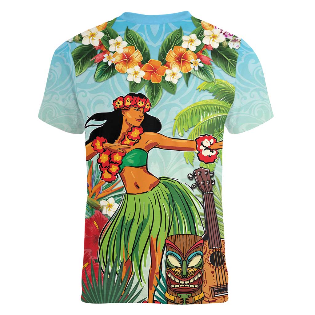 Hawaii Lei Day Women V-Neck T-Shirt Hula Girl With Tropical Forest DT04 - Polynesian Pride