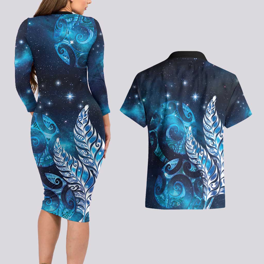 New Zealand Matariki Couples Matching Long Sleeve Bodycon Dress and Hawaiian Shirt Maori Koru Mix Silver Fern DT04 - Polynesian Pride