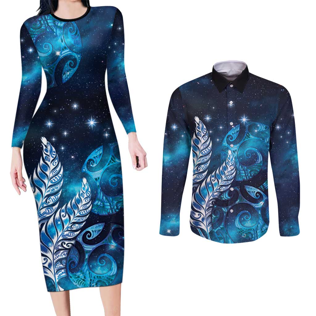New Zealand Matariki Couples Matching Long Sleeve Bodycon Dress and Long Sleeve Button Shirt Maori Koru Mix Silver Fern