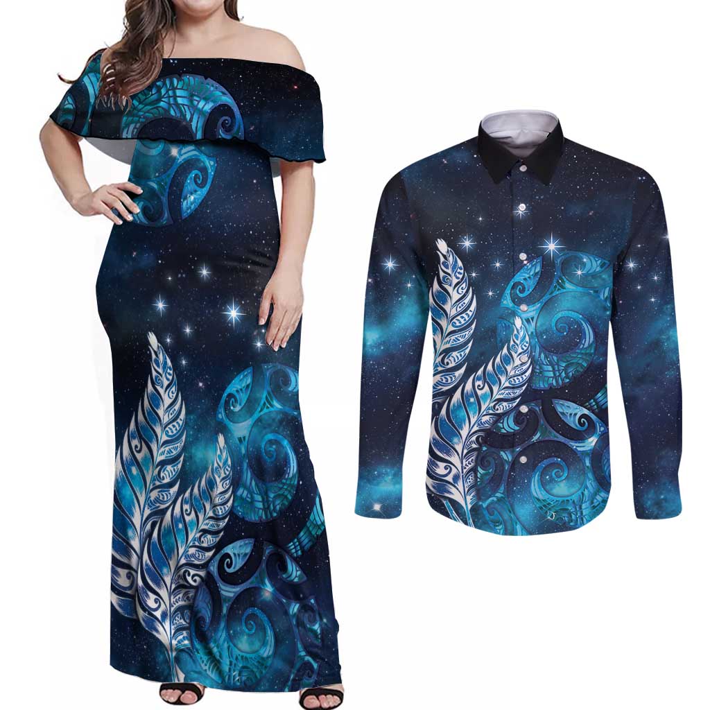 New Zealand Matariki Couples Matching Off Shoulder Maxi Dress and Long Sleeve Button Shirt Maori Koru Mix Silver Fern DT04 Blue - Polynesian Pride
