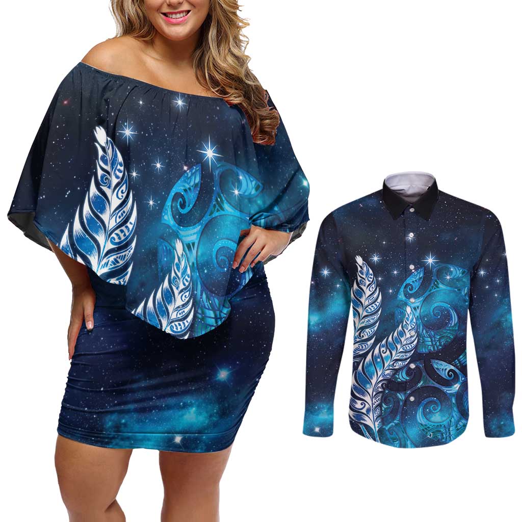 New Zealand Matariki Couples Matching Off Shoulder Short Dress and Long Sleeve Button Shirt Maori Koru Mix Silver Fern DT04 Blue - Polynesian Pride