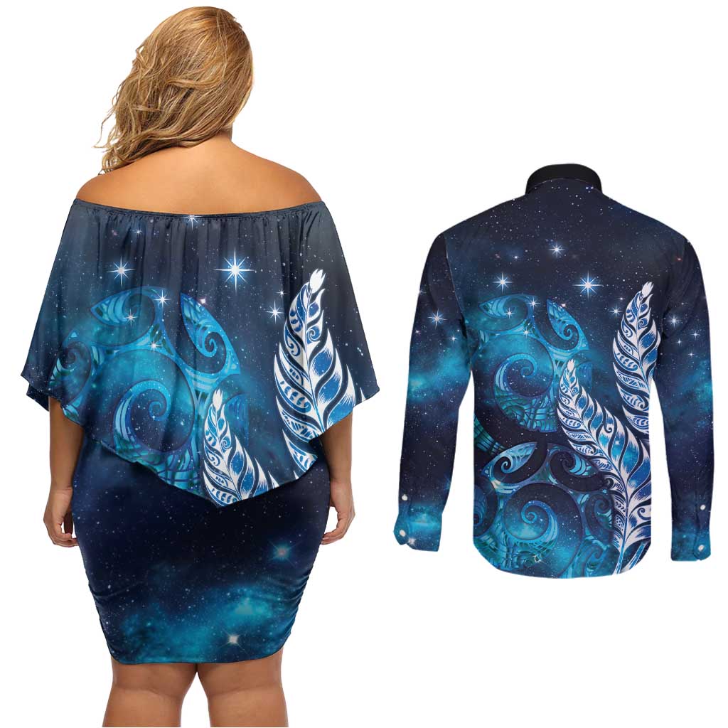 New Zealand Matariki Couples Matching Off Shoulder Short Dress and Long Sleeve Button Shirt Maori Koru Mix Silver Fern DT04 - Polynesian Pride