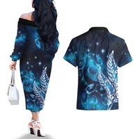 New Zealand Matariki Couples Matching Off The Shoulder Long Sleeve Dress and Hawaiian Shirt Maori Koru Mix Silver Fern