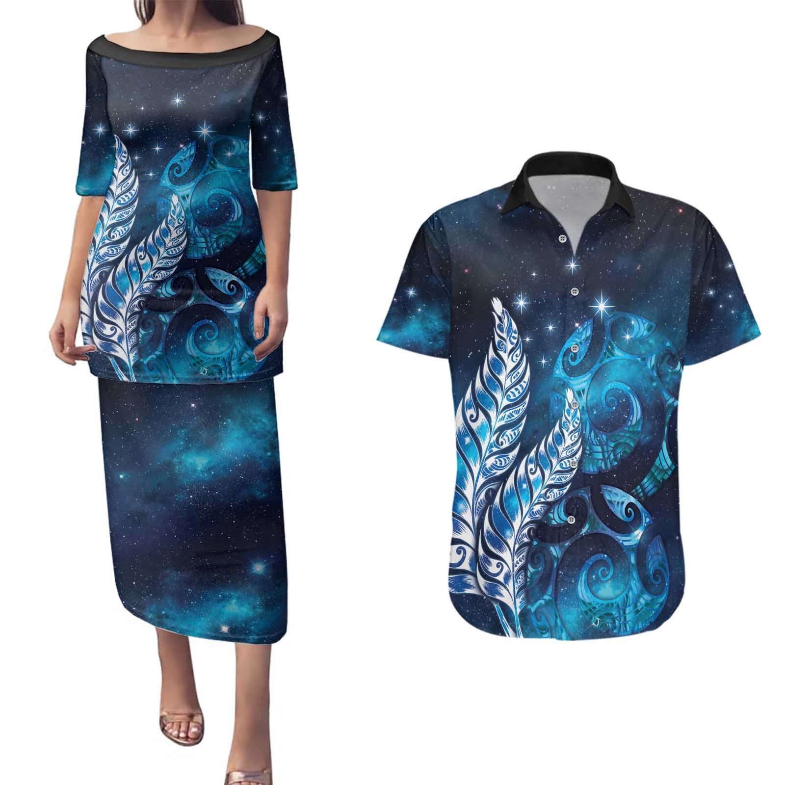 New Zealand Matariki Couples Matching Puletasi and Hawaiian Shirt Maori Koru Mix Silver Fern