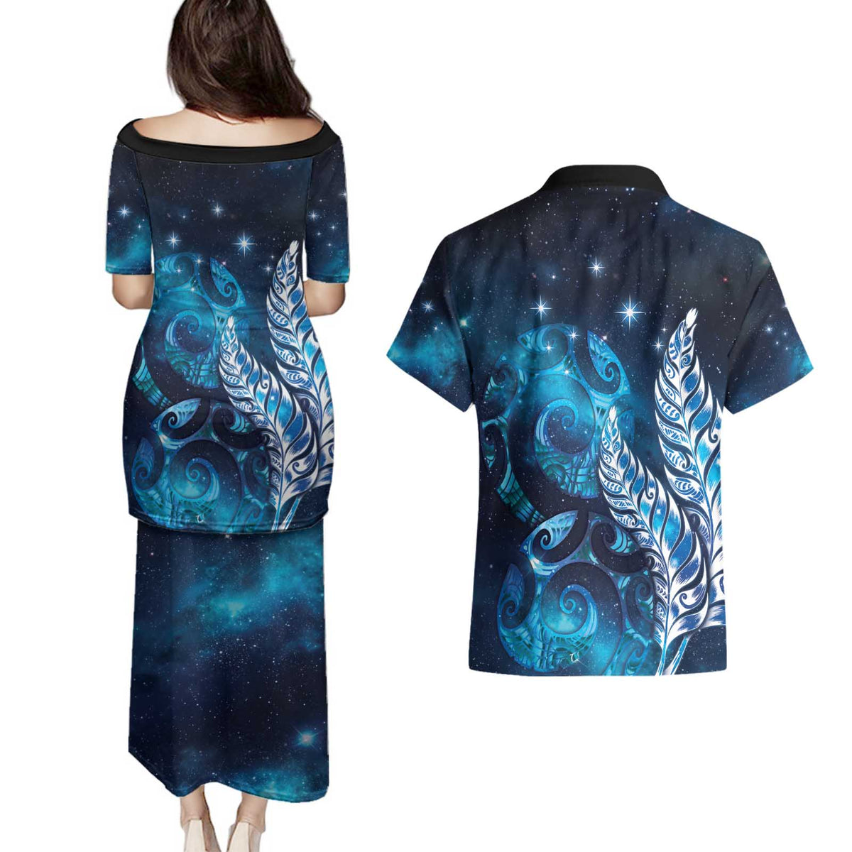 New Zealand Matariki Couples Matching Puletasi and Hawaiian Shirt Maori Koru Mix Silver Fern DT04 - Polynesian Pride