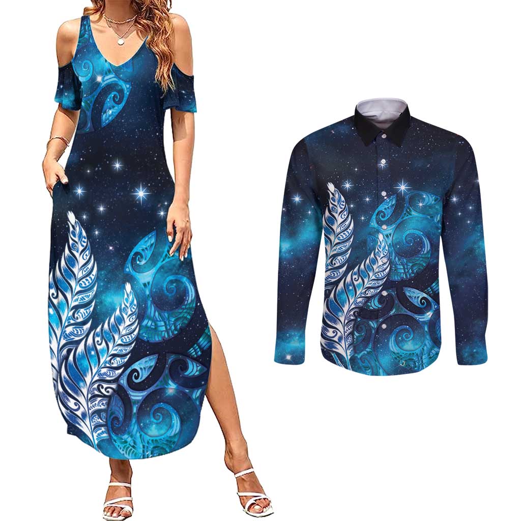 New Zealand Matariki Couples Matching Summer Maxi Dress and Long Sleeve Button Shirt Maori Koru Mix Silver Fern DT04 Blue - Polynesian Pride