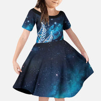 New Zealand Matariki Family Matching Long Sleeve Bodycon Dress and Hawaiian Shirt Maori Koru Mix Silver Fern DT04 Daughter's Dress Blue - Polynesian Pride