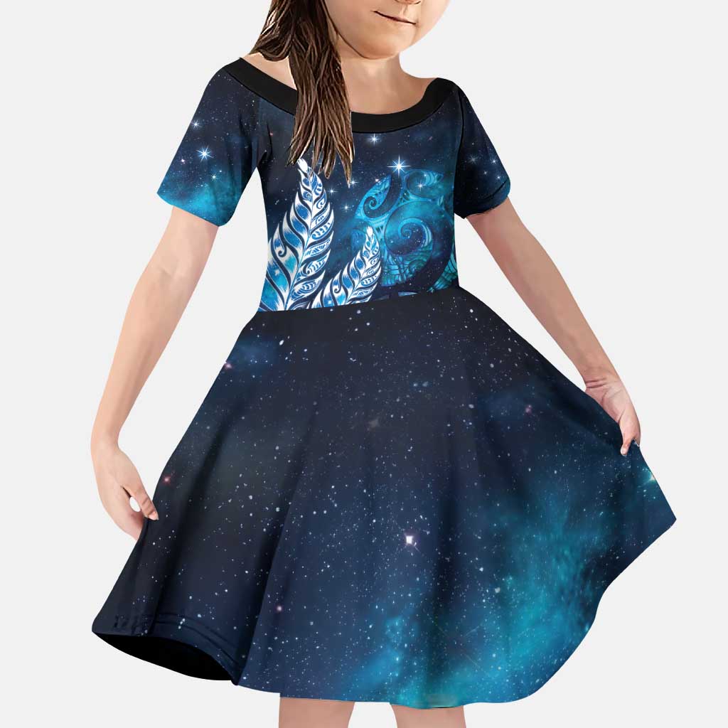 New Zealand Matariki Family Matching Puletasi and Hawaiian Shirt Maori Koru Mix Silver Fern DT04 Daughter's Dress Blue - Polynesian Pride