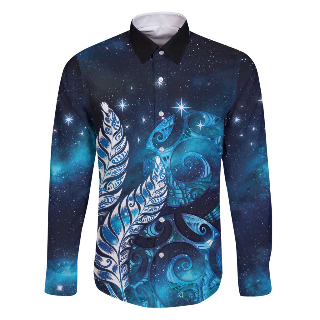 New Zealand Matariki Family Matching Puletasi and Hawaiian Shirt Maori Koru Mix Silver Fern DT04 Dad's Shirt - Long Sleeve Blue - Polynesian Pride