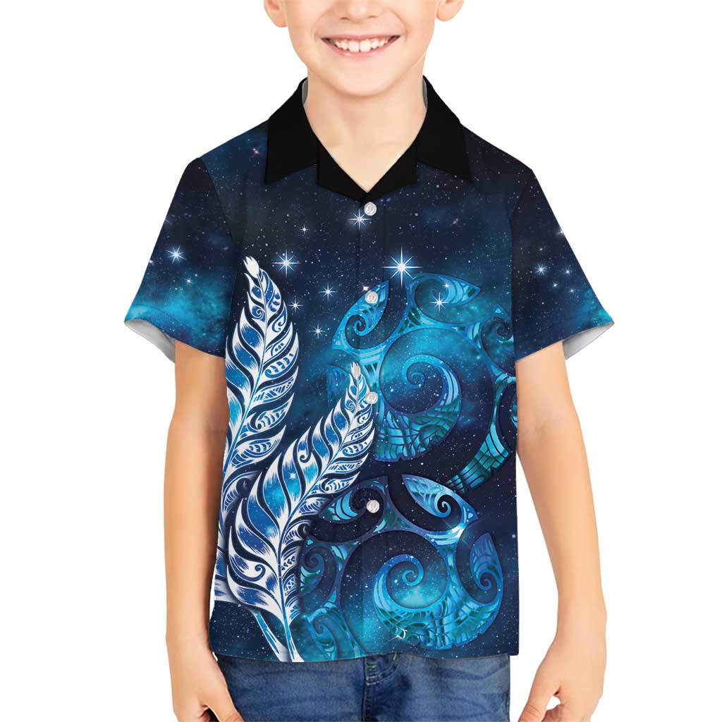 New Zealand Matariki Family Matching Puletasi and Hawaiian Shirt Maori Koru Mix Silver Fern DT04 Son's Shirt Blue - Polynesian Pride