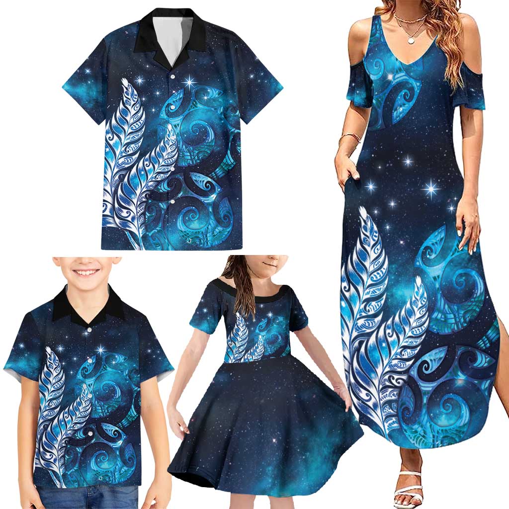 New Zealand Matariki Family Matching Summer Maxi Dress and Hawaiian Shirt Maori Koru Mix Silver Fern DT04 - Polynesian Pride