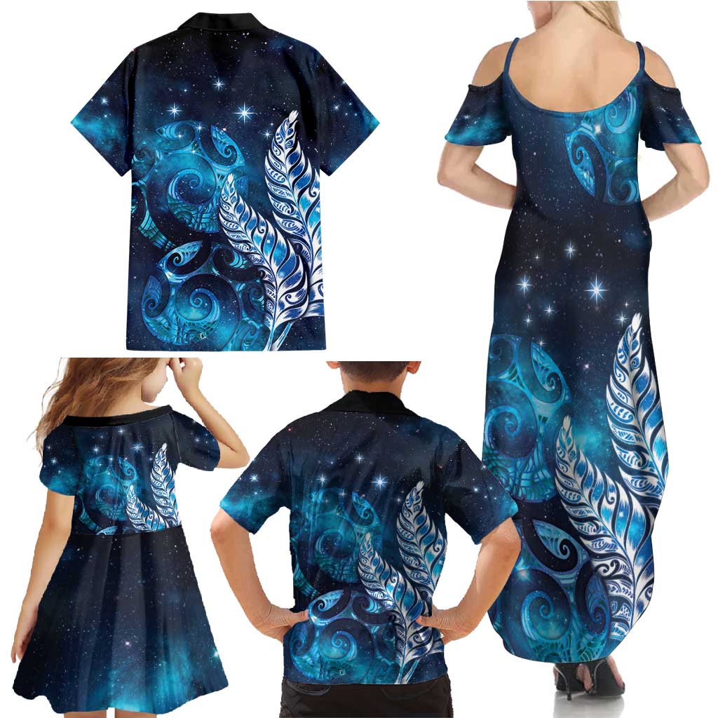 New Zealand Matariki Family Matching Summer Maxi Dress and Hawaiian Shirt Maori Koru Mix Silver Fern DT04 - Polynesian Pride