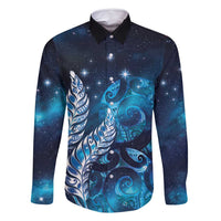 New Zealand Matariki Family Matching Summer Maxi Dress and Hawaiian Shirt Maori Koru Mix Silver Fern DT04 Dad's Shirt - Long Sleeve Blue - Polynesian Pride