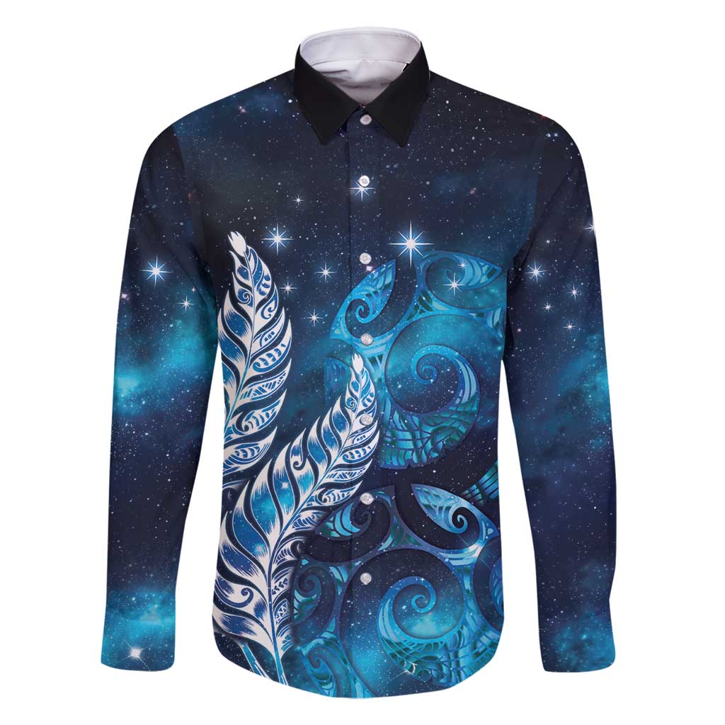 New Zealand Matariki Family Matching Tank Maxi Dress and Hawaiian Shirt Maori Koru Mix Silver Fern DT04 Dad's Shirt - Long Sleeve Blue - Polynesian Pride