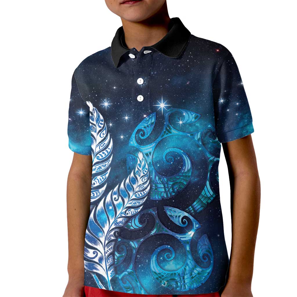 New Zealand Matariki Kid Polo Shirt Maori Koru Mix Silver Fern DT04 Kid Blue - Polynesian Pride