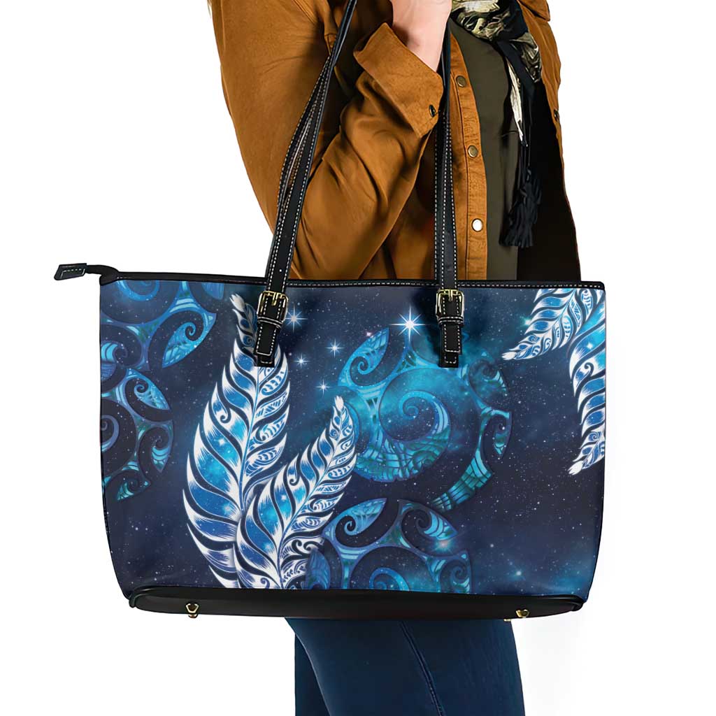 New Zealand Matariki Leather Tote Bag Maori Koru Mix Silver Fern