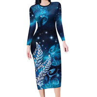 New Zealand Matariki Long Sleeve Bodycon Dress Maori Koru Mix Silver Fern DT04 Long Dress Blue - Polynesian Pride