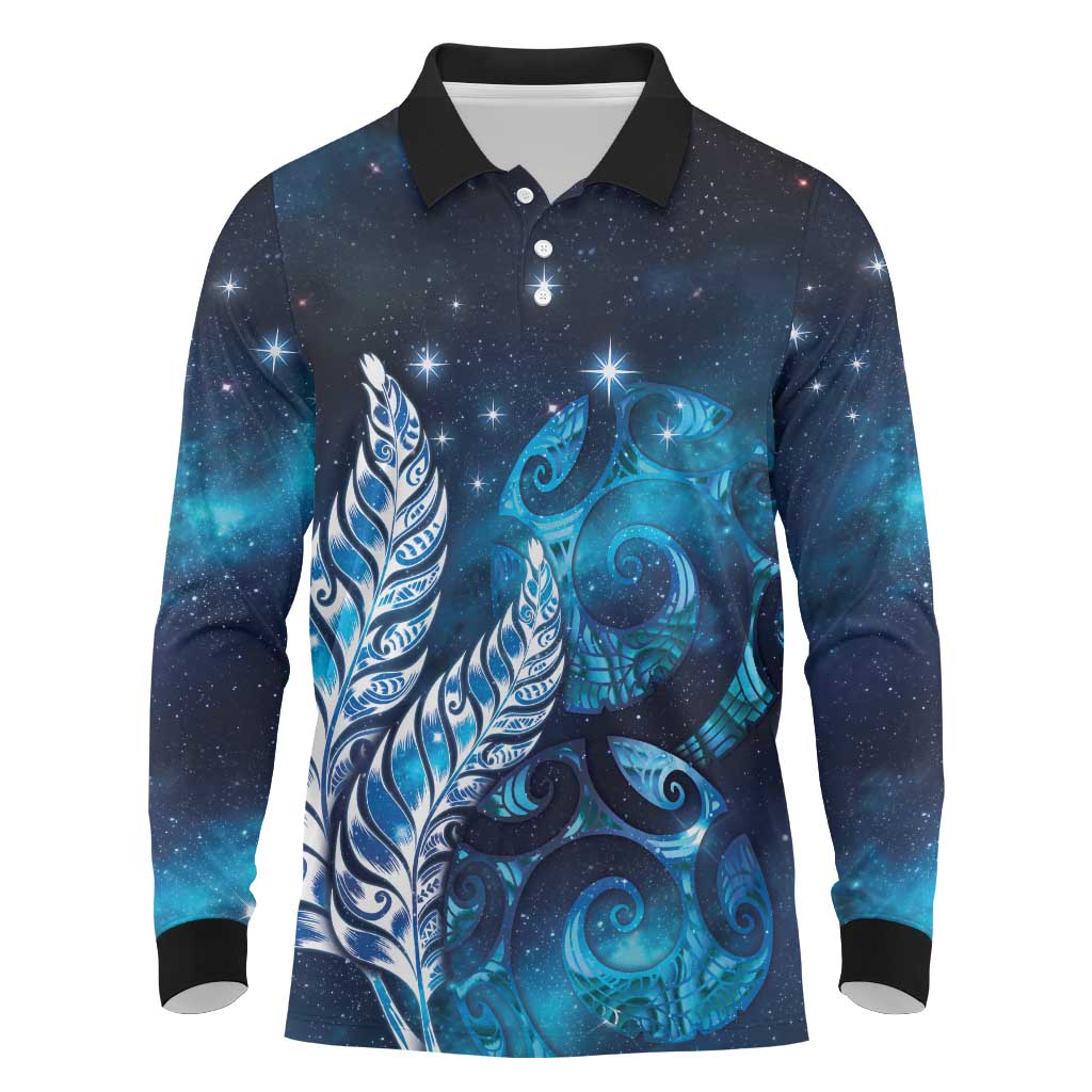 New Zealand Matariki Long Sleeve Polo Shirt Maori Koru Mix Silver Fern DT04 Blue - Polynesian Pride